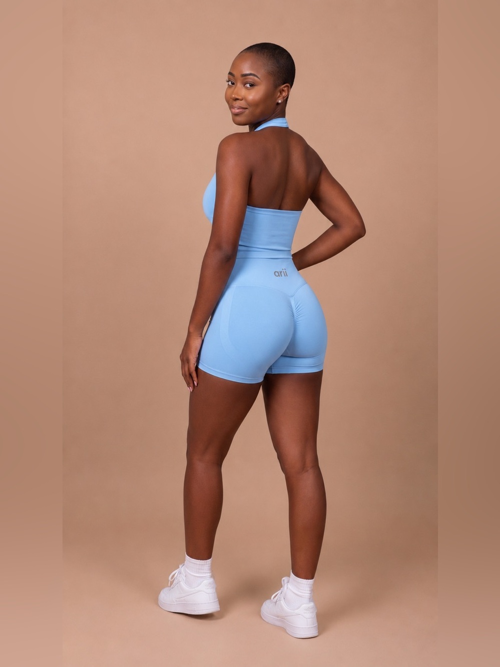 High-Waist Sky Blue Bike Shorts with Contour Ruche